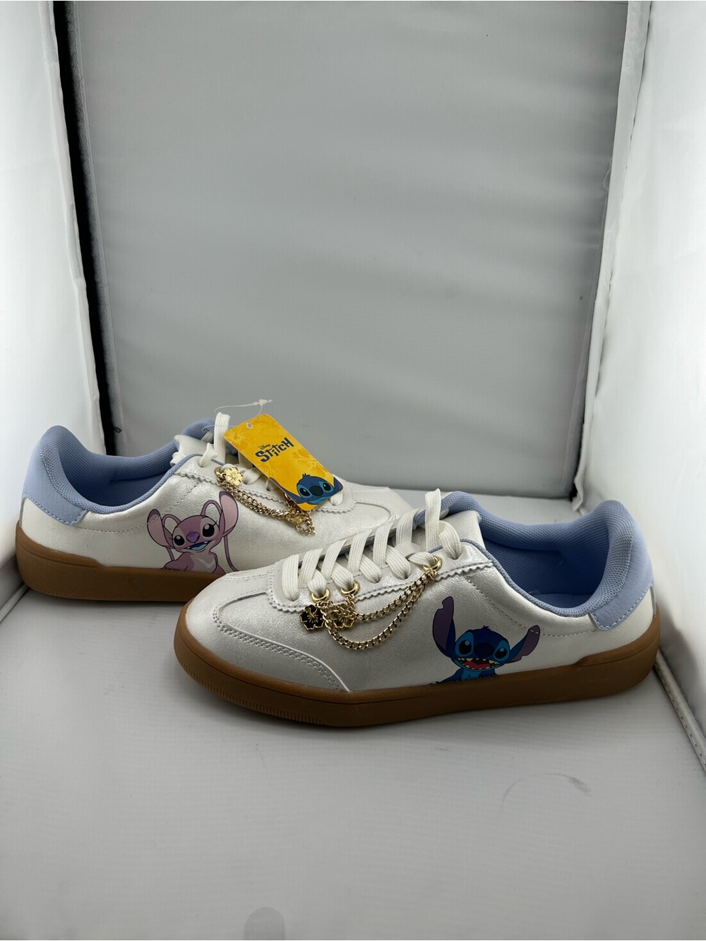 Disney Stitch & Angel White Low Top Sneakers Women’s Size 7 Chain Charm